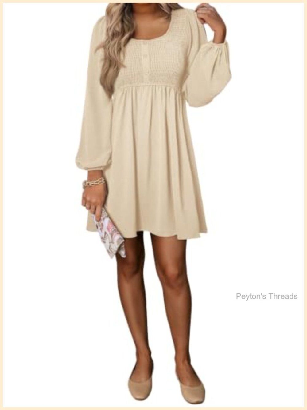 Long Sleeve Mini Dress Smocked Empire Waist A-Line Casual